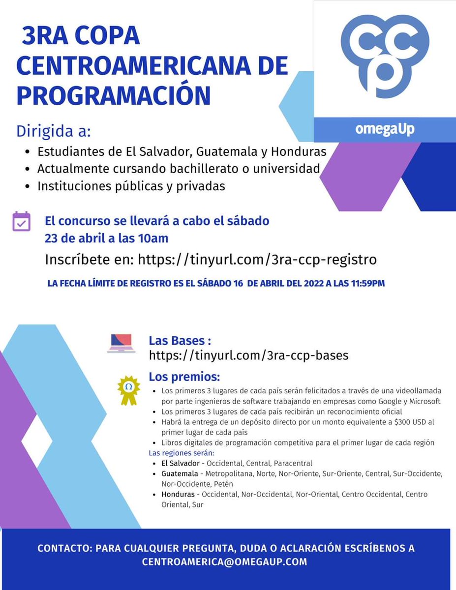 RiclVabarianIgh's tweet photo. CADA VEZ FALTA MENOS TIEMPO 📣📣📣
El Salvador 🇸🇻, Guatemala 🇬🇹 y Honduras 🇭🇳
Muy pronto… 3CCP no te quedes fuera!!!
Consulta las bases e inscríbete:
https://t.co/JCqnaSkJCU
#omegaUp #3CCP #copacentroamericanadeprogramacion https://t.co/gKq02PWY9v