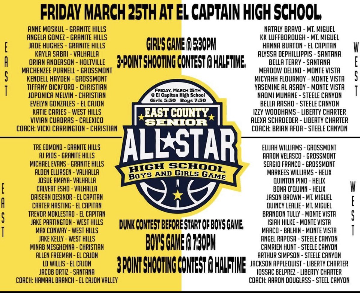 EAST COUNTY SENIOR BOYS AND GIRLS ALL-STAR GAMES this Friday at 5:30 (girls) and 7:30 (boys) at El Capitan High…