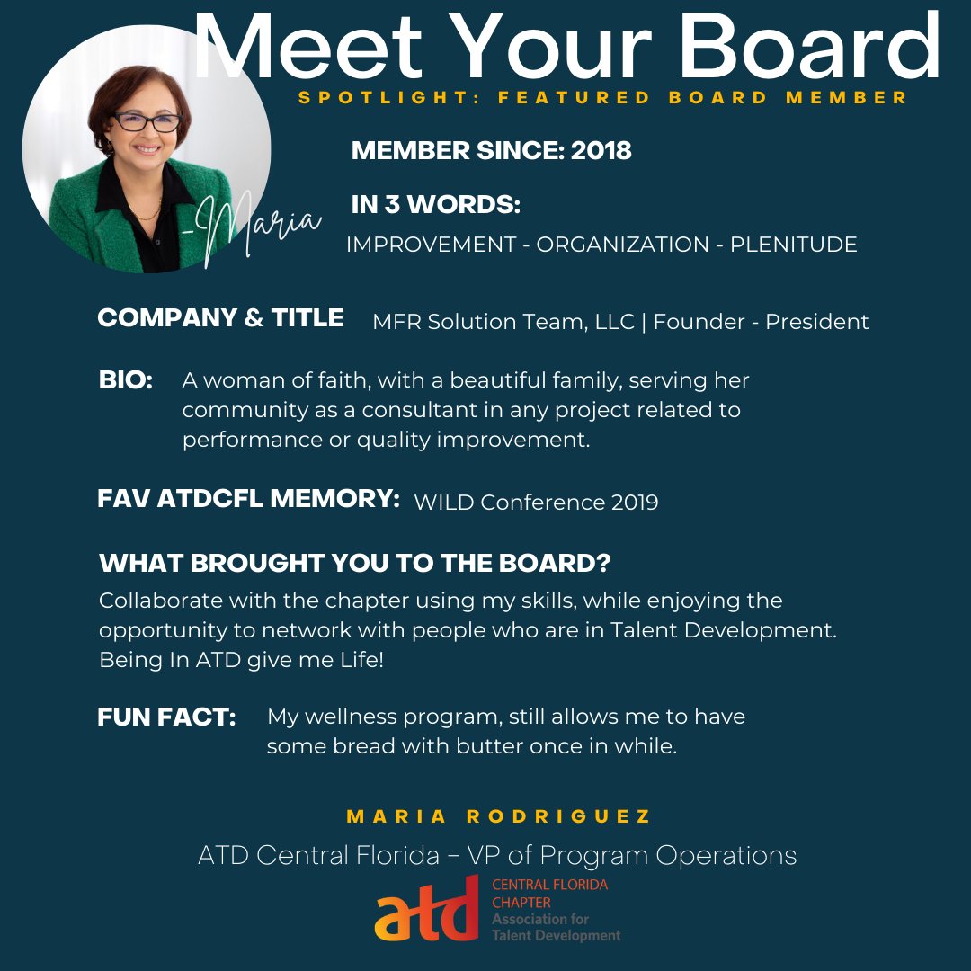 Every month learn about a member of our #ATDCFL leadership team. This month we celebrate Maria Rodriguez of Program Operations for #ATDCFL.
Maria is the founder and President of MFR Solution Team, and has been a chapter member since 2018. Learn more at atdcfl.org