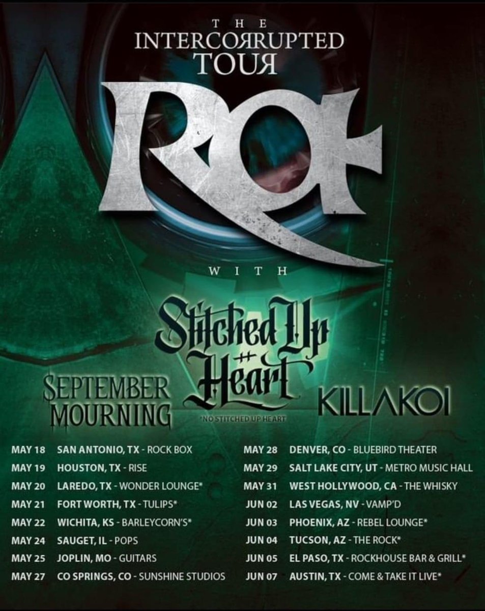 Mixiofficial's tweet photo. 🎉 ANNOUNCEMENT! Stitched Up Heart is playing some shows with our friends RA, September Mourning , &amp; Killakoi on the #Intercorrupted Tour! 

Tix: https://t.co/uoVjerQoFW
More dates TBA! 

Don’t forget to share this post! 💜 https://t.co/VaBA3c6DR0