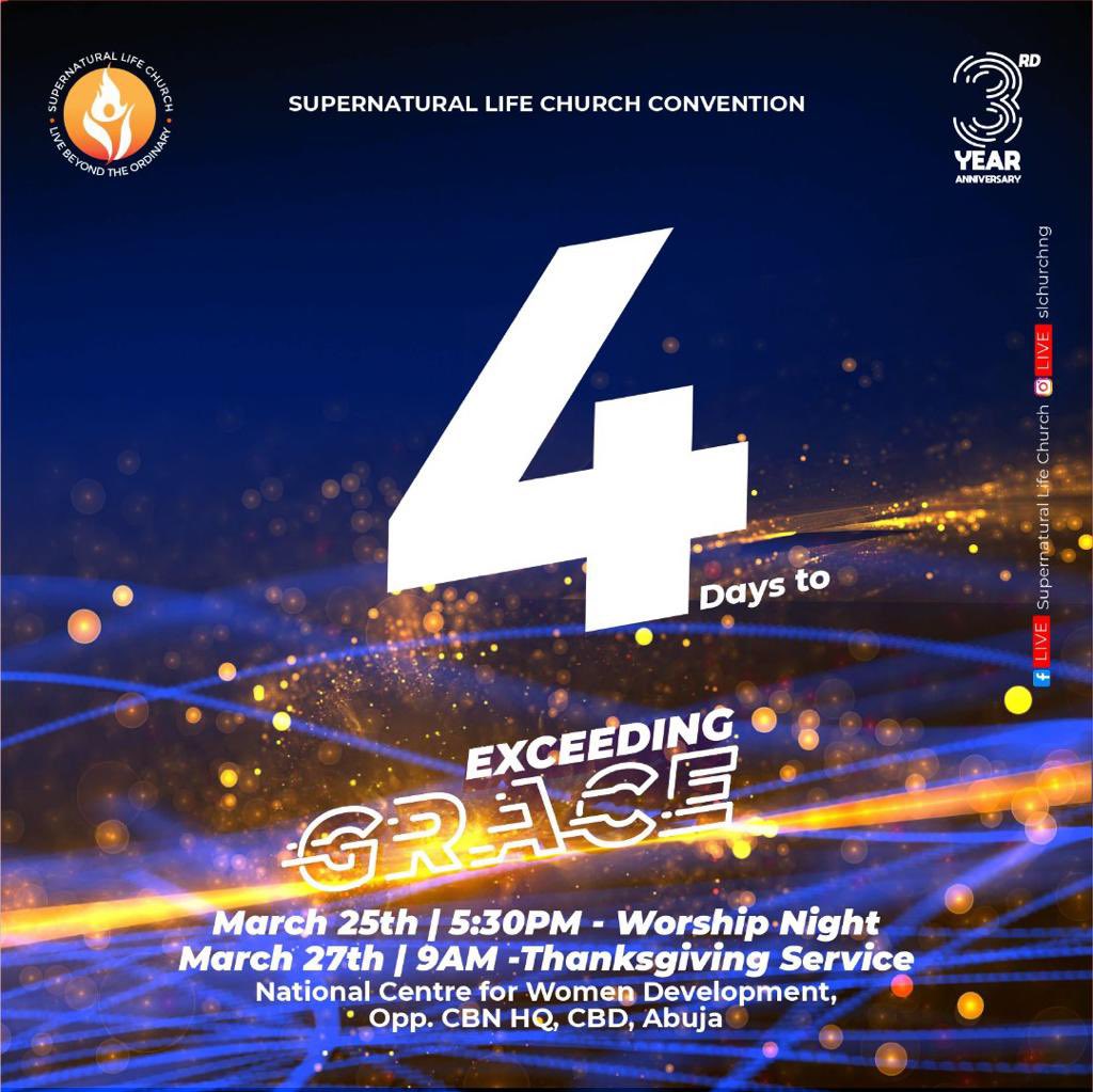 slchurchng's tweet photo. 4 days to go💃🏽🥳

Are you ready??? 
Get set to have an encounter with God on the 25th and 27th of March 2022 at the supernatural life church. 
You don’t want to miss! 
Spread the word to your friends and loved ones! 

#slcis3
#slcconvention2022
#TheSLCexperience https://t.co/in8O2VA21M