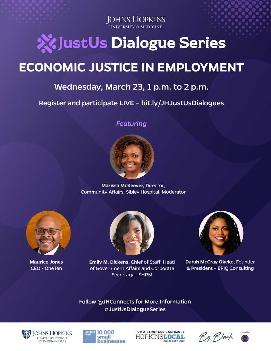 WEDNESDAY, join us on the JustUs Main Stage for our third panel on Economic Justice in Employment. 

On the JustUs Main Stage will be:

• @MarissaMckeever 
• @MauriceOneTen 
• @darahokeke 
• @SHRMEmily 

Register TODAY to reserve your seat! bit.ly/JHJustUsDialog…