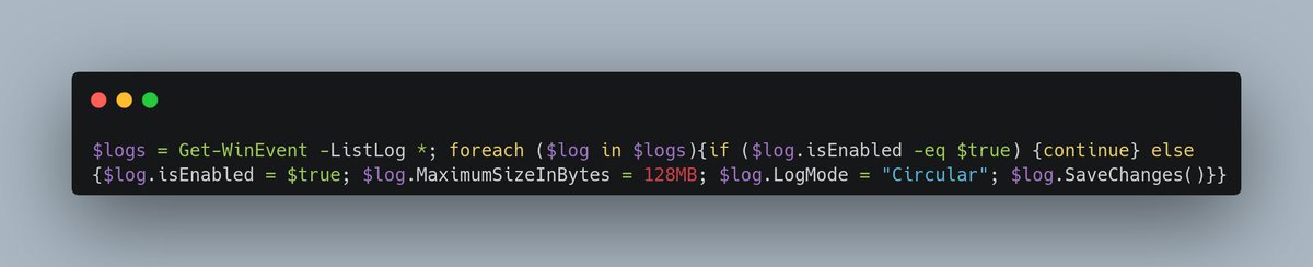 0xHasanM's tweet photo. #Powershell command to enable all #EventLogs with 128 MB maximum size.
https://t.co/exB3Z1vv6j
#dfir #dfirtips #CyberSecurity https://t.co/Mzd1OUXKah