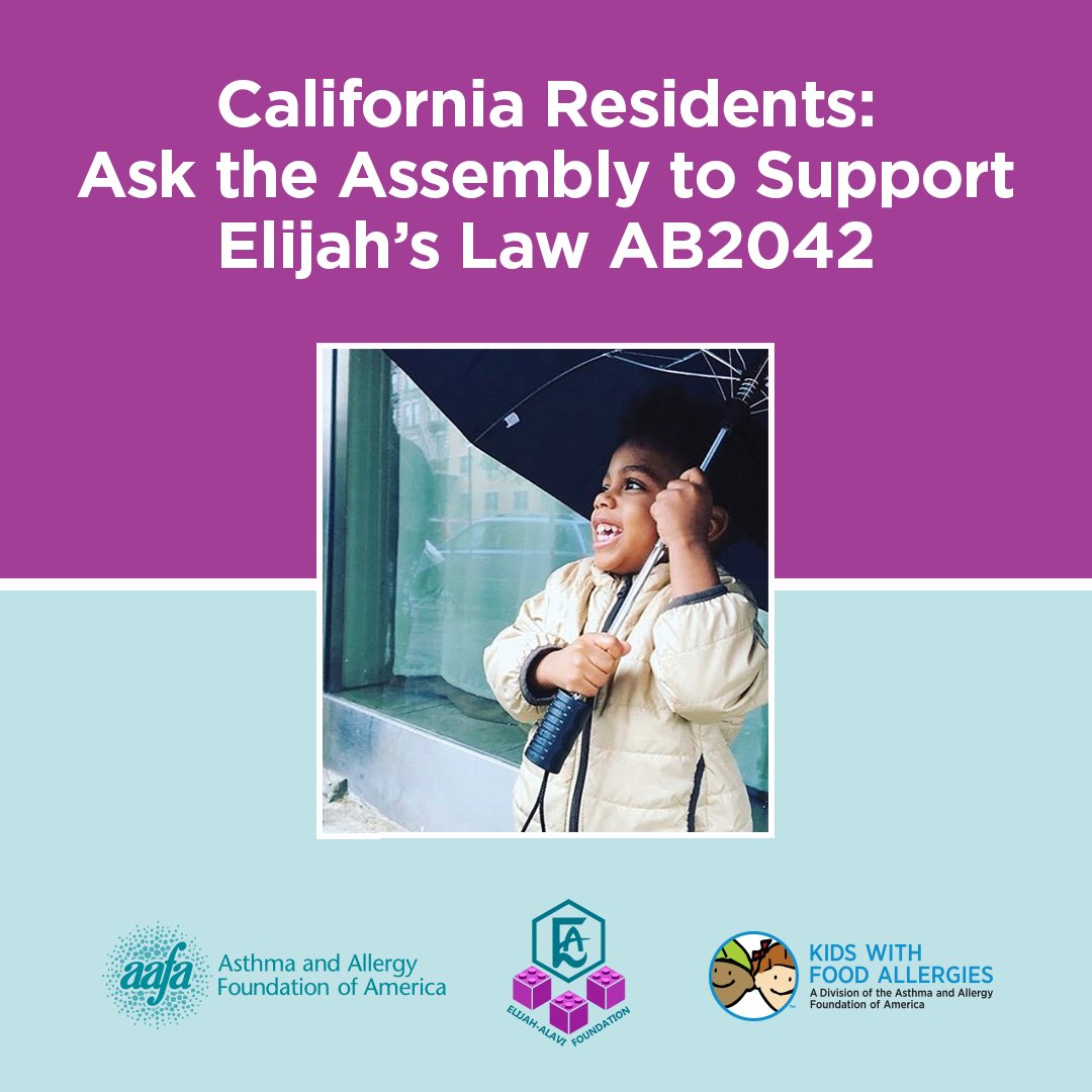 Elijahsecho's tweet photo. If you live in California, please share &amp; help support Assembly Bill 2042 which will enact “Elijah’s Law” that will create guidelines and policies for childcare centers in order to assure staff receive training on how to prevent food allergic reactions. 👉 https://t.co/b2PjKJUk1I https://t.co/JZlDNBHyNY
