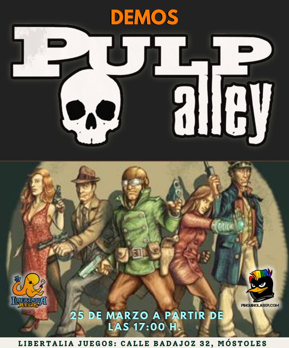 Si quieres aprender a jugar a Pulp Alley pásate el viernes por la tarde a partir de las 17:00 por Libertalia a las demos organizadas por <a href="/pinguinolaser/">Pingüino Láser</a>
Se trata de un sencillo sistema de juego para representar escaramuzas entre pequeñas bandas con la ambientación que más te guste