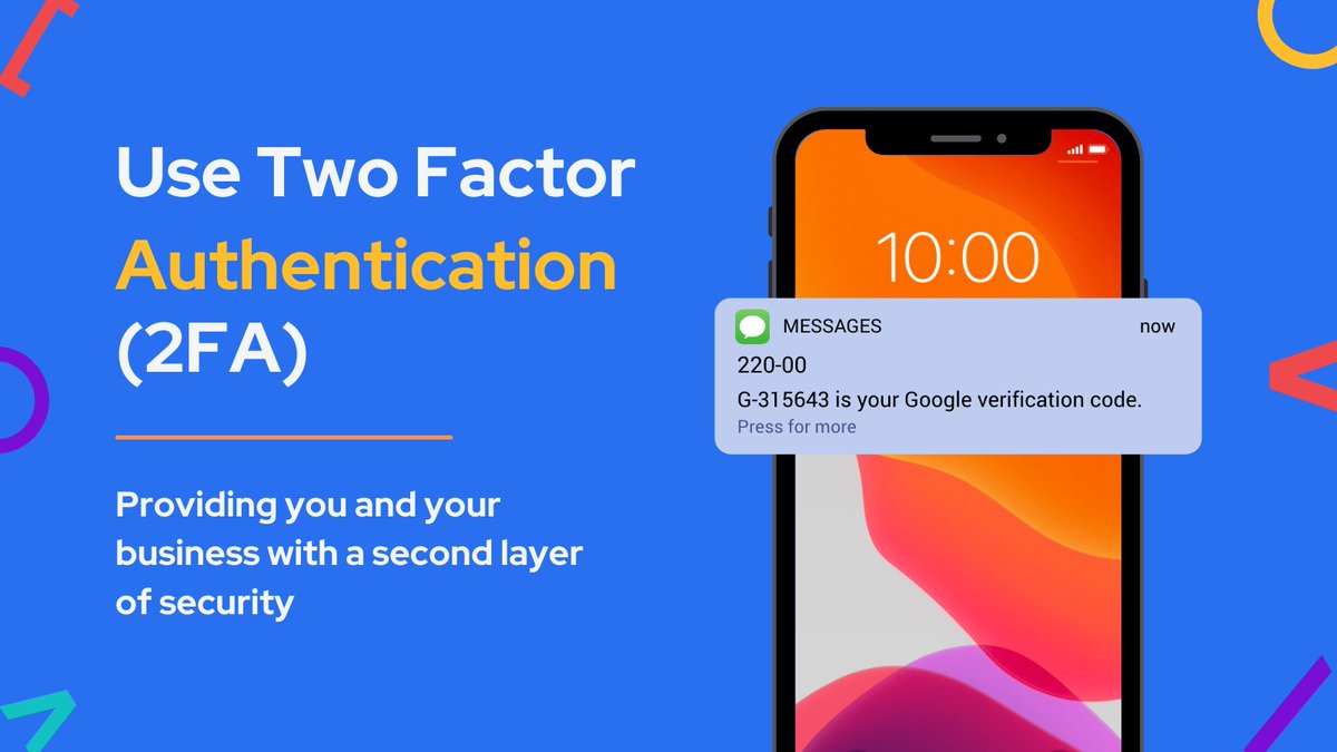 #CyberSecurity #CyberSecurityTips

Turning on two-factor authentication (#2FA ) is a great way to keep both your personal accounts and #business safer online.🔒

When logging in, a verification code will be sent via #email or #text to make sure its actually you.📨🤳