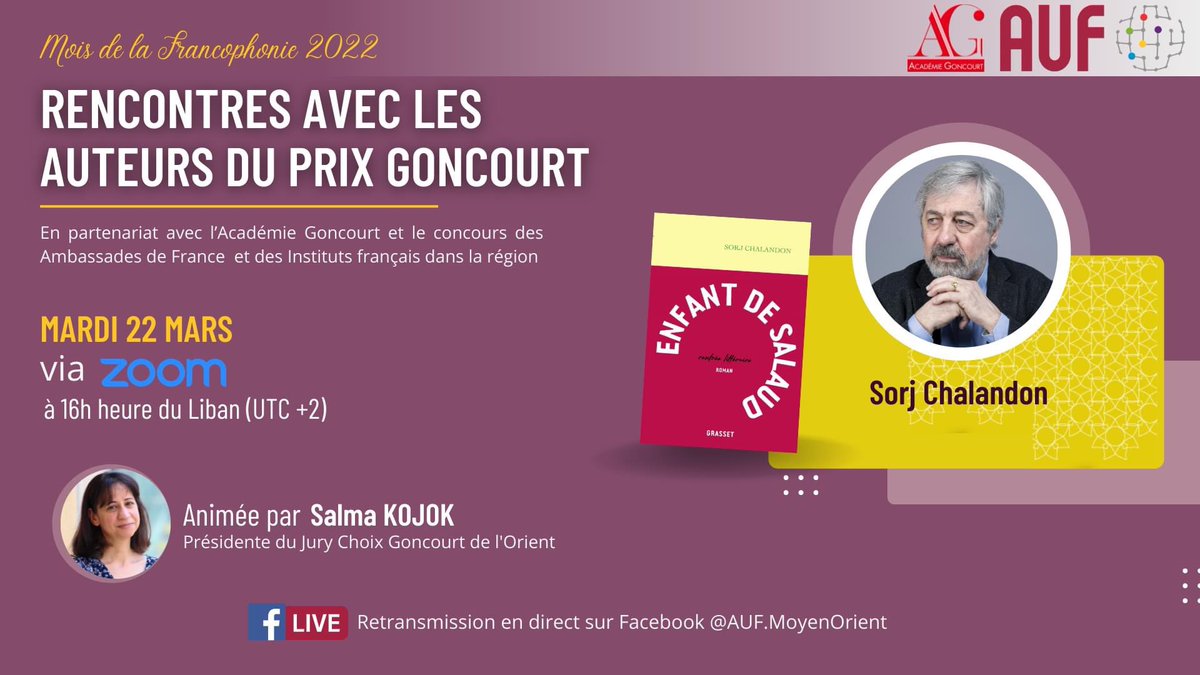 AUF_MoyenO's tweet photo. Soyez au rendez-vous demain sur notre page Facebook 🎥 https://t.co/UWmpn6nxco !

🗓 A 16h (heure du Liban) : rencontre avec Sorj Chalandon autour de son livre 📕 Enfant de salaud 

@auf_org @AcadGoncourt #Francophonie #littérature #langue_française 

À demain 👋🏻! https://t.co/fKirPpHKy6