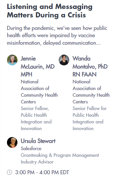 Montalvo501's tweet photo. 2/ Excited to have @stewarturs moderate our #Peak2022online session on Wednesday 3/23 at 3:00 pm w/@MclaurinJennie. Sharing insights and recommendations to grantmakers r/t @NACHC efforts r/t #COVID19 w/ Community Health Centers #ValueCHCs, patient and staff listening sessions. https://t.co/9O6QfwMiRt