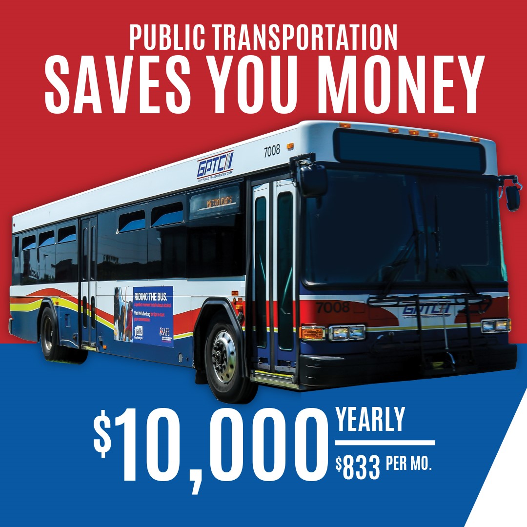 GaryTransit's tweet photo. It's CHEAPER TO take public transportation than it is to drive a car! APTA states that the average household would save $10,000 yearly by owning one less car and taking public transit instead. That's around $833 per month. https://t.co/8CJzvmsSWg