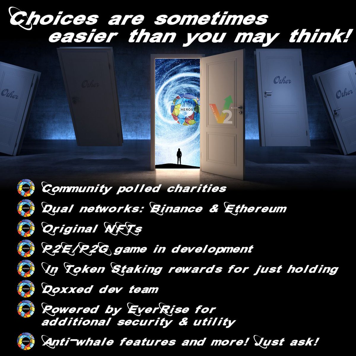 HerosToken's tweet photo. Charity? Heros has you covered! Staking? Heros has Staking, no gas fees or sending tokens with a 48% ARR! Low gas? Heros is available on two networks with one supply BNB &amp; ETH! 2 audits, a review by EverRise, liquidity locked and NFT's.. Utility! #HEROS #StakingRewards #Staking https://t.co/7zFQjQlAjs