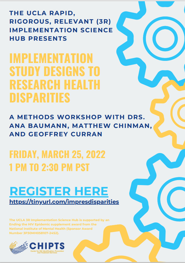 Join our #impsci hub for a methods workshop on Implementation Study Designs to Research Health Disparities coming up on Friday, March 25, from 1-2:30 PM PST! Featuring Drs. <a href="/BaumannAna/">Ana Baumann (she/her)</a>, <a href="/mchinman/">matthew chinman</a>, and Geoffrey Curran. Register here: uclahs.zoom.us/webinar/regist…