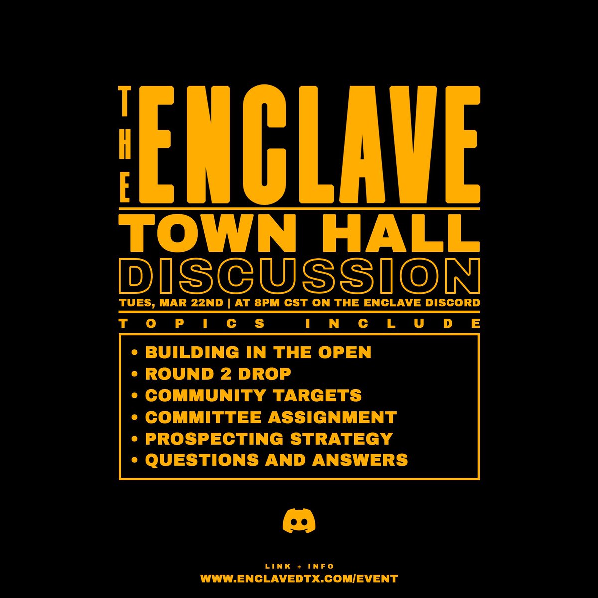 enclavedtx's tweet photo. ENCLAVE TOWN HALL ⚡️join the enclave team tomorrow 3/22/22 at 8PM (cst) in the enclave discord as we build in the open with enclave members 

+ discuss prospecting strategy, targets and more! see you there!

🔗link in bio🔗 https://t.co/B2YSg9Mbfc