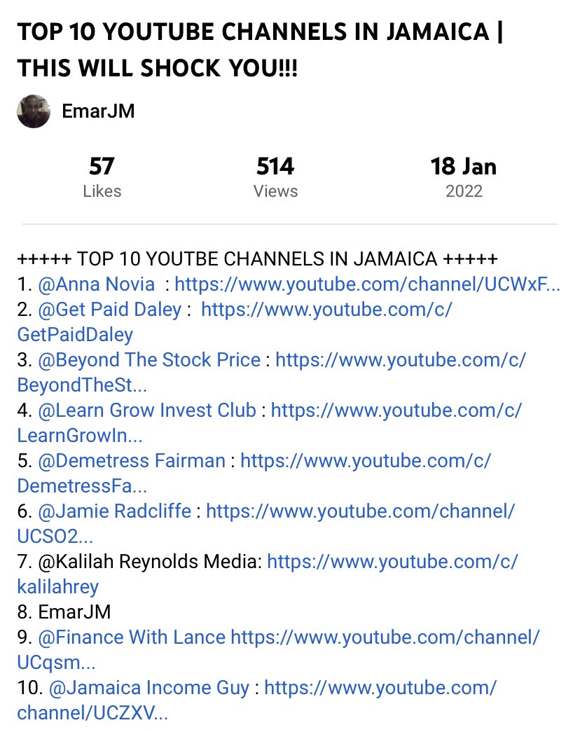emarmorrison's tweet photo. What will the future of Jamaica be like if 50% of the population started watching the channels below?

Who is your favorite?

#FinanceTwitterJa #kinston #jamaica

https://t.co/zDLba7cMsX https://t.co/d3a7tcqlse