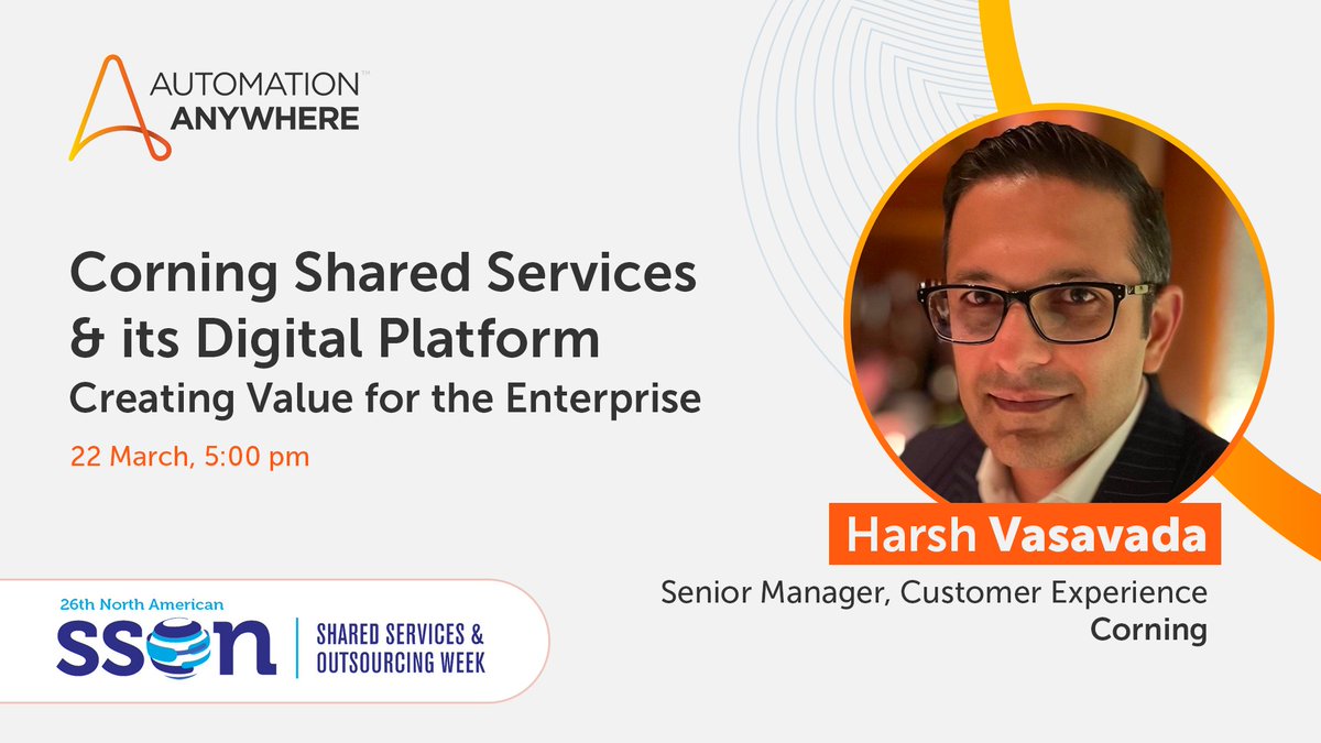 Automation Anywhere (@automationanywh) on Twitter photo At #SSOWeek hear about <a href="/Corning/">Corning Incorporated</a> Shared Services's journey as they refocused themselves to be a #Digitalfirst organization.
⏩ Accelerating the transformation for #Finance
✅ Whilst focusing on customer & employee experience
ssonetwork.com/events-shareds… At #SSOWeek hear about <a href="/Corning/">Corning Incorporated</a> Shared Services's journey as they refocused themselves to be a #Digitalfirst organization.
⏩ Accelerating the transformation for #Finance
✅ Whilst focusing on customer & employee experience
ssonetwork.com/events-shareds…
