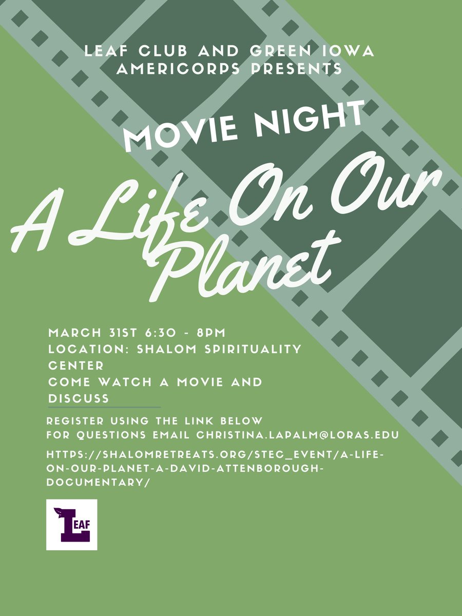 LorasLEAF's tweet photo. Join LEAF Club and Green Iowa Americorps for a movie night at Shalom Spirituality Center use the link below to register hope to see you there 💚
Registration Link:https://t.co/5aZMehHTWO https://t.co/Z3QiorlWsa