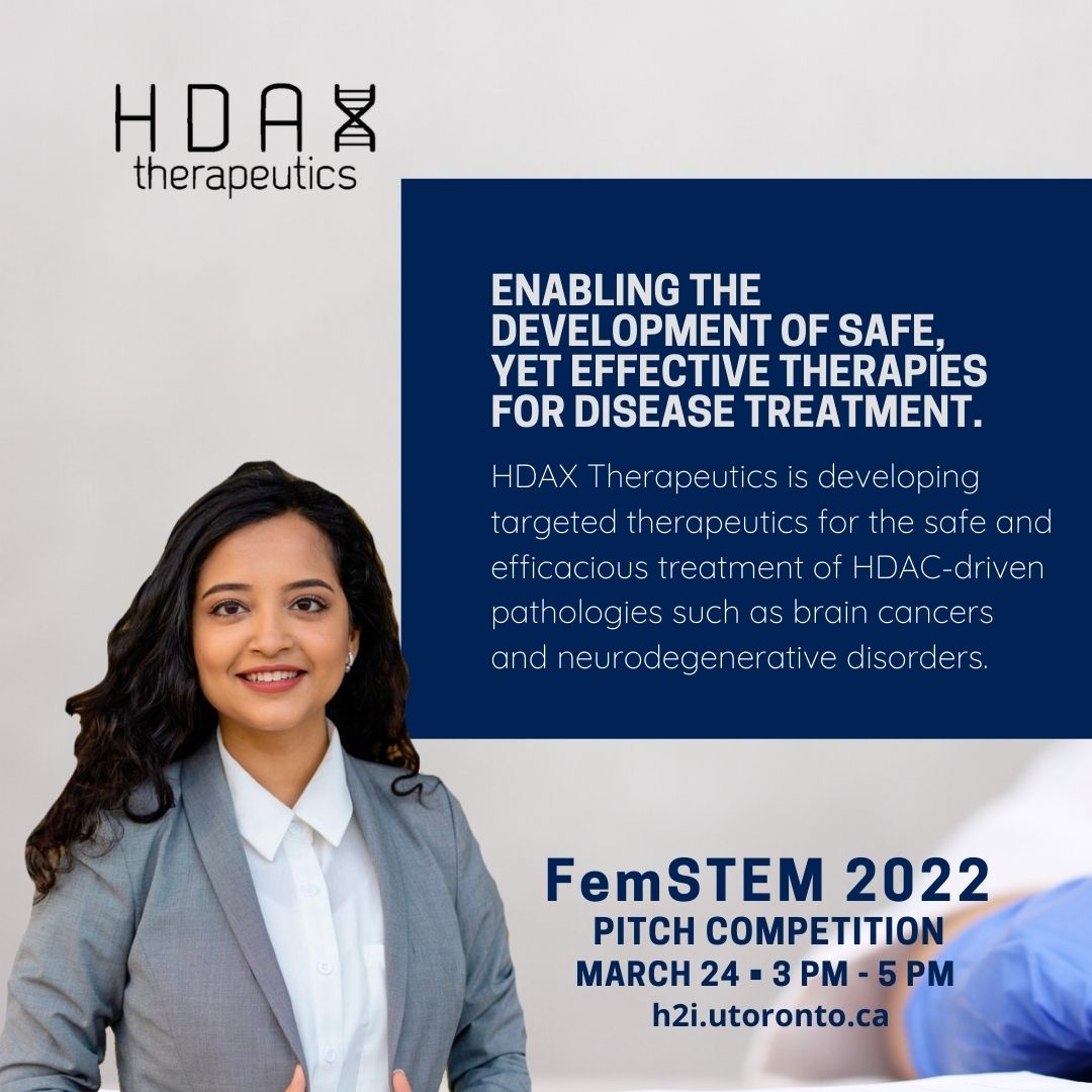 HealthInnovationHub (@h2i_uoft) on Twitter photo H2i's FemSTEM 2022 Pitch Competition is happening on Thursday March 24th from 3:00-5:00 PM EST! To register: bit.ly/3GIFsoe Leading up to the event, we will be introducing you to our six incredible finalists.
Meet <a href="/NabanitaNawar/">Nabanita Nawar, PhD</a>, PhD candidate and co-founder of <a href="/HDAXtx/">HDAX Therapeutics</a> H2i's FemSTEM 2022 Pitch Competition is happening on Thursday March 24th from 3:00-5:00 PM EST! To register: bit.ly/3GIFsoe Leading up to the event, we will be introducing you to our six incredible finalists.
Meet <a href="/NabanitaNawar/">Nabanita Nawar, PhD</a>, PhD candidate and co-founder of <a href="/HDAXtx/">HDAX Therapeutics</a>