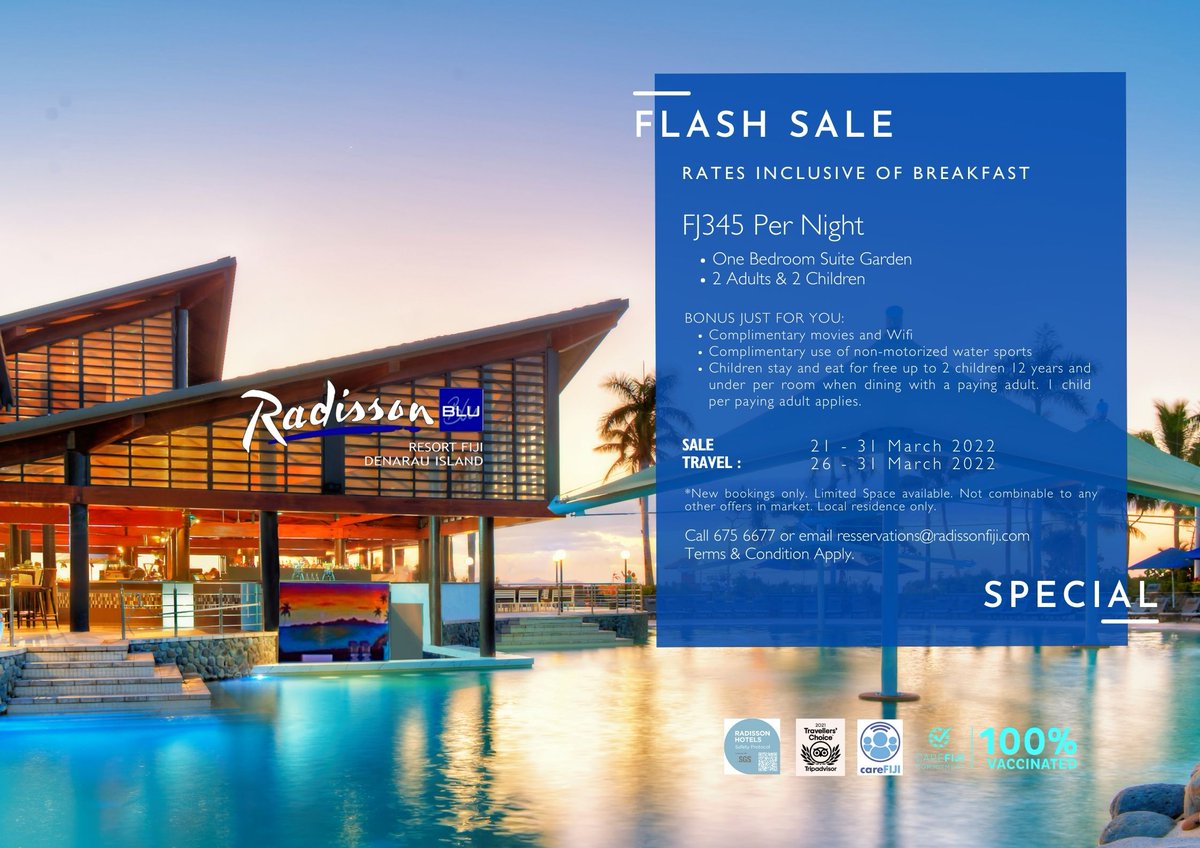 FijiBlu's tweet photo. FLASH SALE! 26 - 31 March 2022. FJ345 PER NIGHT - ONE BEDROOM SUITE GARDEN 🌺 Includes breakfast for 2 Adults + 2 Children. New bookings and local residents only. Limited Space available. #radissonbluresortfiji #loveourlocals https://t.co/13g8mdynay