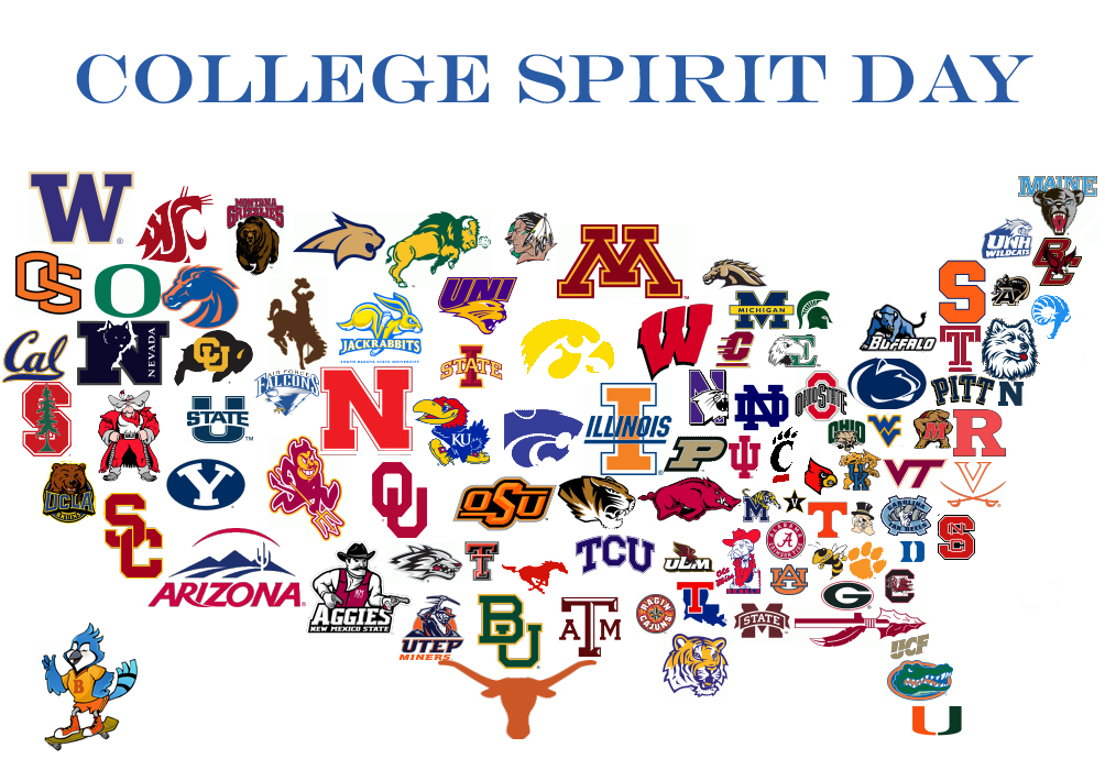 Friday 3/25 College Spirit Day!
Wear your favorite college colors/sports teams shirts!