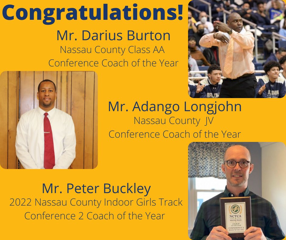 Congrats to Darius Burton, Adango Longjohn and Peter Buckley! All three have been recognized as “Coach of the Year!” #WhatsBRUINinBaldwin #BaldwinHS #BaldwinAthletics