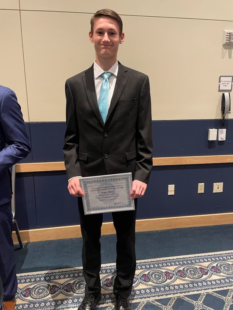ramblercoach's tweet photo. Congrats to my guy and all the recipients at the National Football Foundation banquet yesterday at PSU.  Also thanks to Gardners candy for awarding Aiden his scholarship!  ⁦@WindberFootball⁩ https://t.co/ksBSwaAr0D