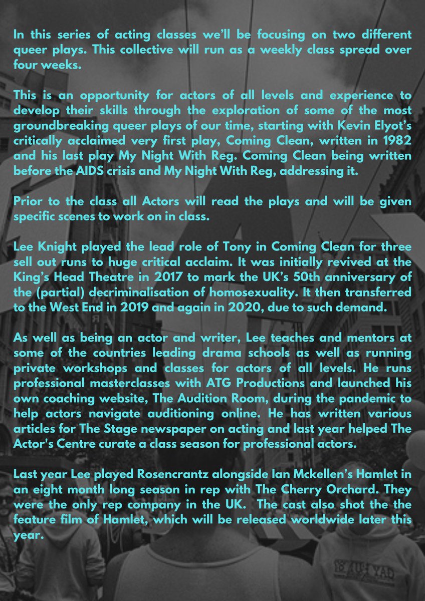 theleeknight's tweet photo. I am so excited to announce: Queer Plays: My Acting Masterclass. Working on Kevin Elyot's two groundbreaking plays. My Night With Reg & one that's close to my heart, Coming Clean. #queerstories #queer #LGBTQIA #queerplays - Book now at https://t.co/tTIixH21G7 Limited places. https://t.co/0bZIumyGNw
