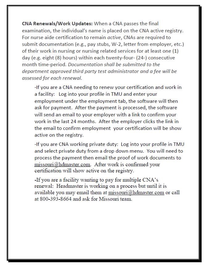 CarthageTech's tweet image. Attention ALL CNA's, there has been a change in the process to remain active in the state's registry database. Please see the information below.