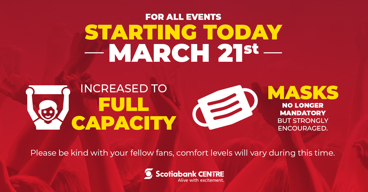 ScotiabankCtr's tweet photo. Events are back & we've got an incredible lineup of entertainment for you! Our seating has been increased to full capacity, and masks are now optional, but encouraged, inside our venue. Please be kind to your fellow fans and respect each other's comfort levels.
#ComeTogetherNS https://t.co/dAnv4IkF9s