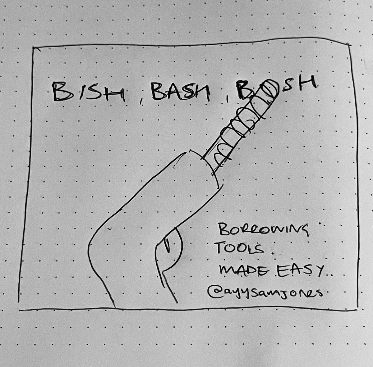 ayysamjones's tweet photo. Thankfully the tools you borrow are much better quality than my drawings.
Campaign would also work with hammer, nail, etc. etc.
Todays @OneMinuteBriefs @searchbosh #SearchBosh #BuyLessBorrowMore https://t.co/Rk0UNiX9xg