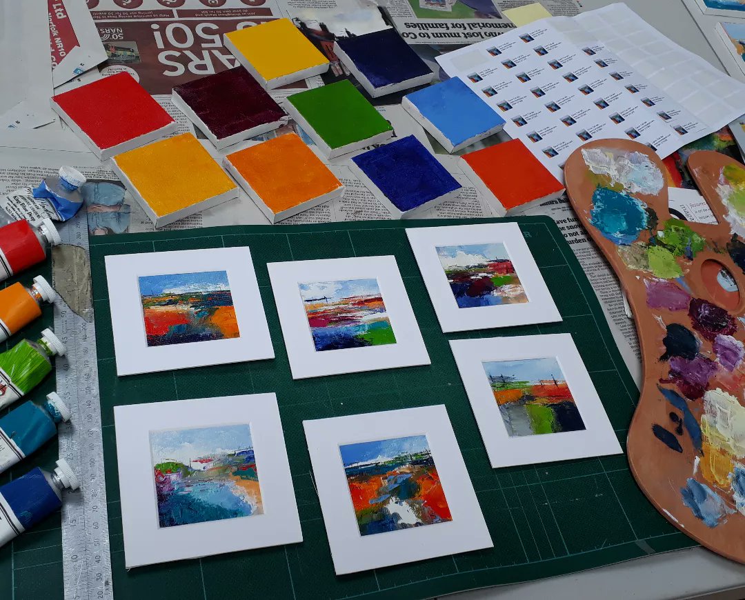 CorrinTulk's tweet photo. Whats happening in the #artstudio #whatsontheeasel lots happening !! #oilpaintings #miniart #abstractseascapes @atnorfolk @OpenStudioComms @MuseumBroads https://t.co/n6eI268acK