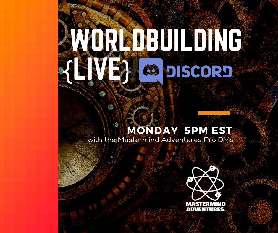 ⚙️JUST ONE MORE HOUR til this week's Worldbuilding {Live} event on Discord! This time around, we're working on a steam-punk setting! You can join the convo or just listen in.

🔗discord.gg/rmvuaSrt

#discordstage #dnd #worldbuilding #maps #steampunk