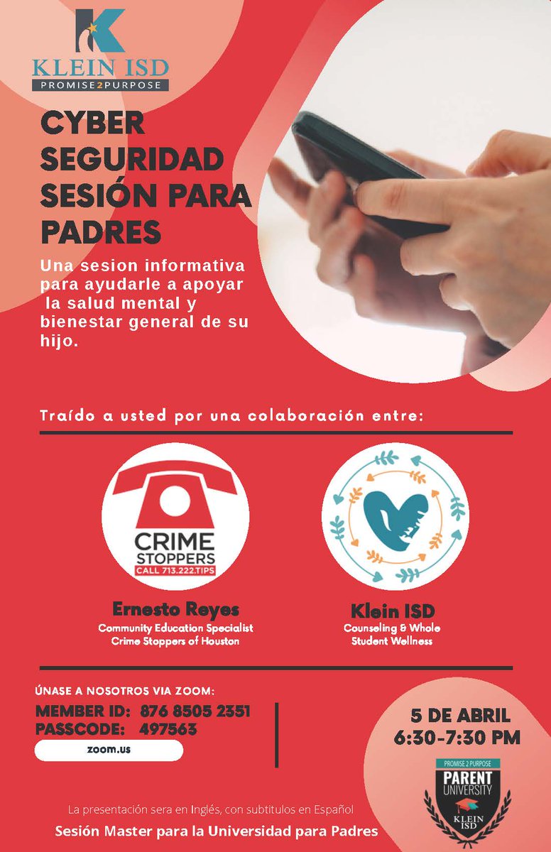 Attention all Hurricane Parents: If you would like to learn more on cyber security, please attend the informational session on April 5th at 6:30pm. See attached flyer. <a href="/KleinCain/">Klein Cain HS</a> <a href="/Klein_Cain_PTO/">Klein Cain PTO</a>