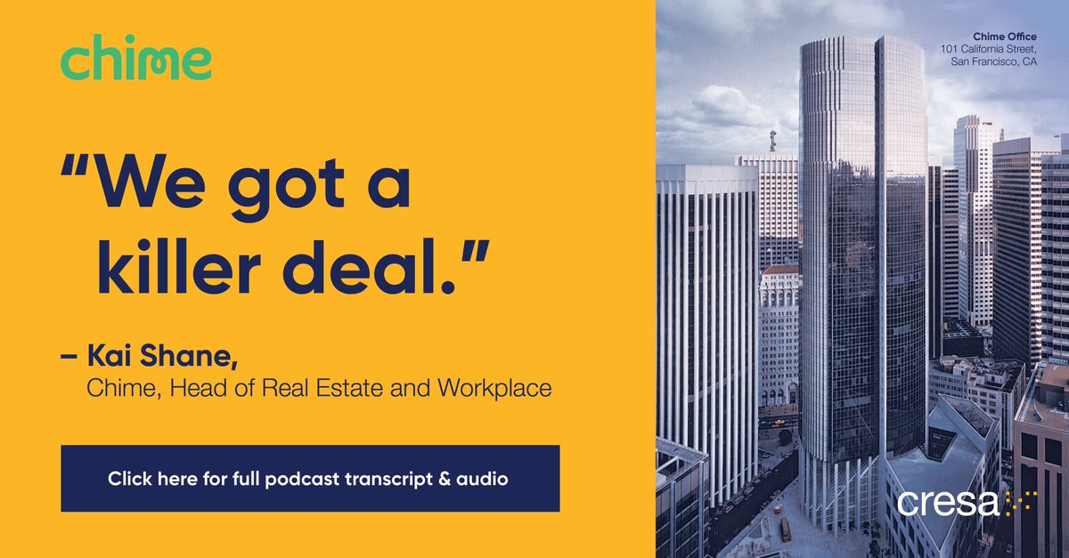 CresaCorp's tweet photo. #Cresa client @Chime was recently interviewed on @Marketplace regarding their new 200,000 sf San Francisco HQ. Chime’s Head of RE and #Workplace, Kai Shane, discusses the new space and the concept of “right-sizing”. The Chime Interview runs 1:00 - 2:56: https://t.co/YVtdwGSMGS https://t.co/YcZbhTv6Ld