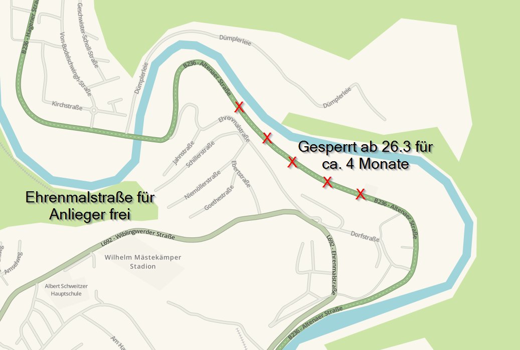 waze_nrw's tweet photo. ⚠️🚧 Ab Samstag (26.3) ist es soweit, die #B236 in #Nachrodt-#Wiblingwerde wird gesperrt. Dort muss ein Felsüberhang gesichert werden. Die Sperrung dauert vrsl. 4 Monate.
ℹ️ Weitere Infos: https://t.co/aVNVok5ymb
#WazeVerkehr https://t.co/EqChHyVPUI