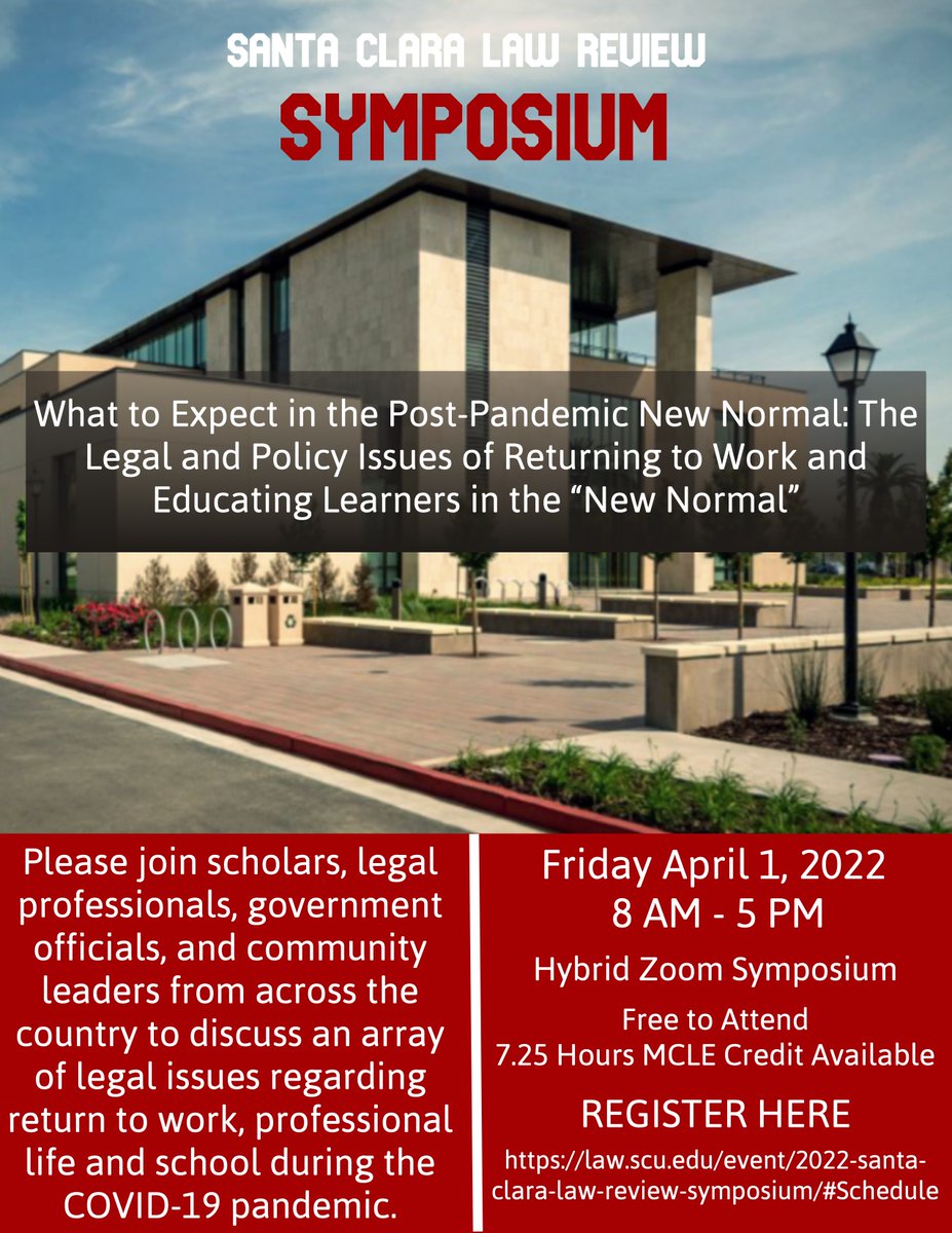 SCULawReview's tweet photo. Santa Clara Law Review is excited to invite you all to our annual symposium on April 1, 2022! 

Please register for the symposium at our event page here: https://t.co/QRUbDDqp6w https://t.co/YfIT8jyIIU