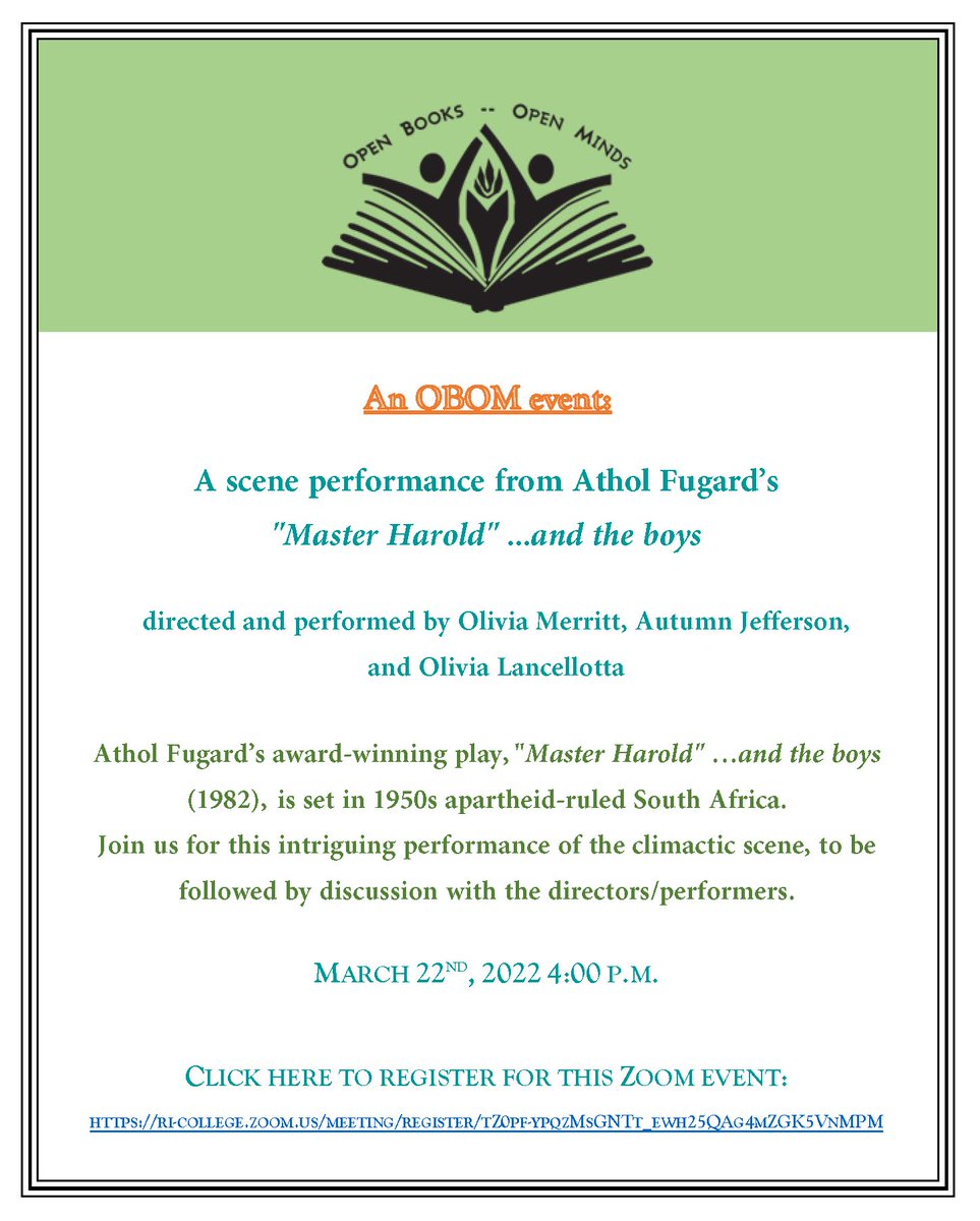 Registration is still open for tomorrow’s event! Join us on 3/22 at 4pm for a scene performance from Athol Fugard's "Master Harold" ...and the boys, followed by discussion with the directors/performers. Register for this Zoom event at tinyurl.com/2wf8t9ca