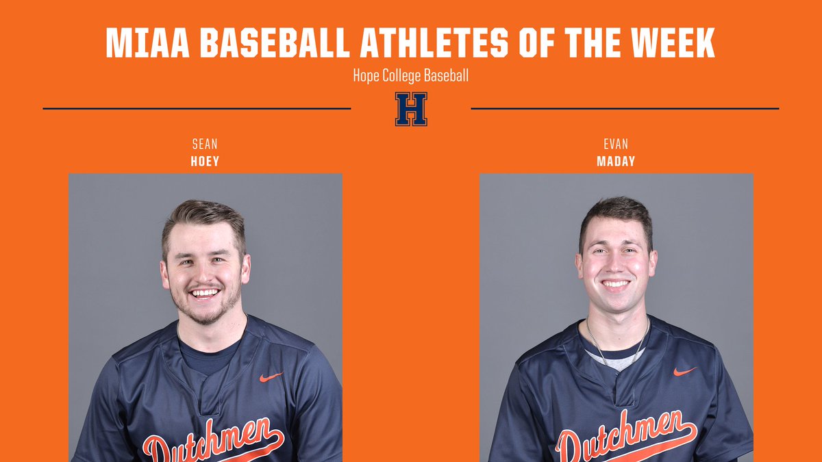 HopeAthletics's tweet photo. Two @HopeCollegeBSB student-athletes sweep @MIAA1888 weekly honors; Sean Hoey is the Baseball Pitcher of the Week; CF Evan Maday is the Baseball Position Athlete of the Week. #BeStrongBeTrue #d3baseball

https://t.co/HyhVynMRqX https://t.co/I9UQrIry7A