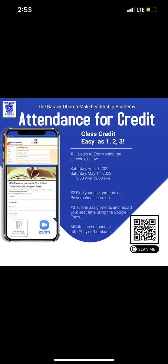 ObamaMLA's tweet photo. Students and Parents, Attendance for Credit information is now available. Next Seat Time Class is Saturday, April 9th & Saturday, May 14th Link in bio for BOMLA Attendance for Credit Information #BOMLA #BOMLANation #DallasISD #SingleGenderSchool #ChooseDallas #PowerschoolLearning https://t.co/v6zLI6kETy