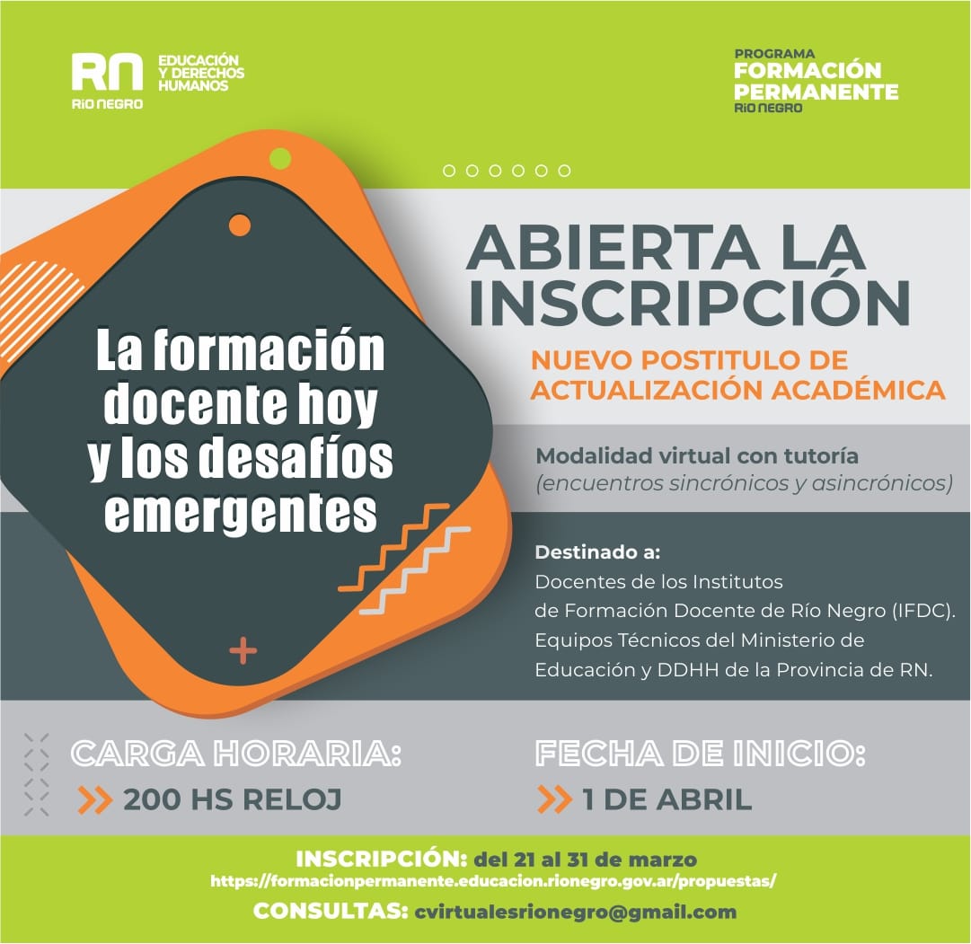 PermanenteRn's tweet photo. 📣 Abierta la inscripción para el Nuevo Postítulo: La formación docente de hoy y los desafíos emergentes

Formulario de inscripción👇
https://t.co/D05sn0yZ3L...
¡No te lo pierdas!
📍Para consultas, escribir a: cvirtualesrionegro@gmail.com 

#HERN #formaciondocente  #Postitulo https://t.co/ZljFgU8GRq