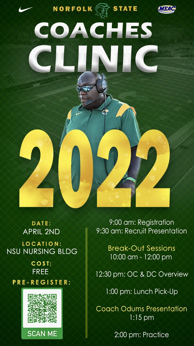 FREE NSU Coaching Clinic Next Saturday, April 2nd Here from the Spartan staff and enjoy a practice in Dick Price Stadium! Pre-register using the QR Code at the bottom of the graphic! We welcome all high school coaches to come talk ball and see what we are building in Norfolk!