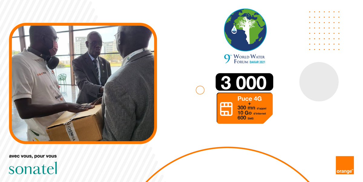 GroupeSonatel's tweet photo. #WorldwaterForum9 : Sonatel avec @Orange_sn offre 3000 SIM et forfaits appels + internet aux participants du 9e Forum Mondial de l’eau qui se tient du 21 au 26 mars à #Dakar/ #Diamniadio
#ForumMondialEau9 #sonatel #Orange #kebetu https://t.co/HDJxMNqKrw