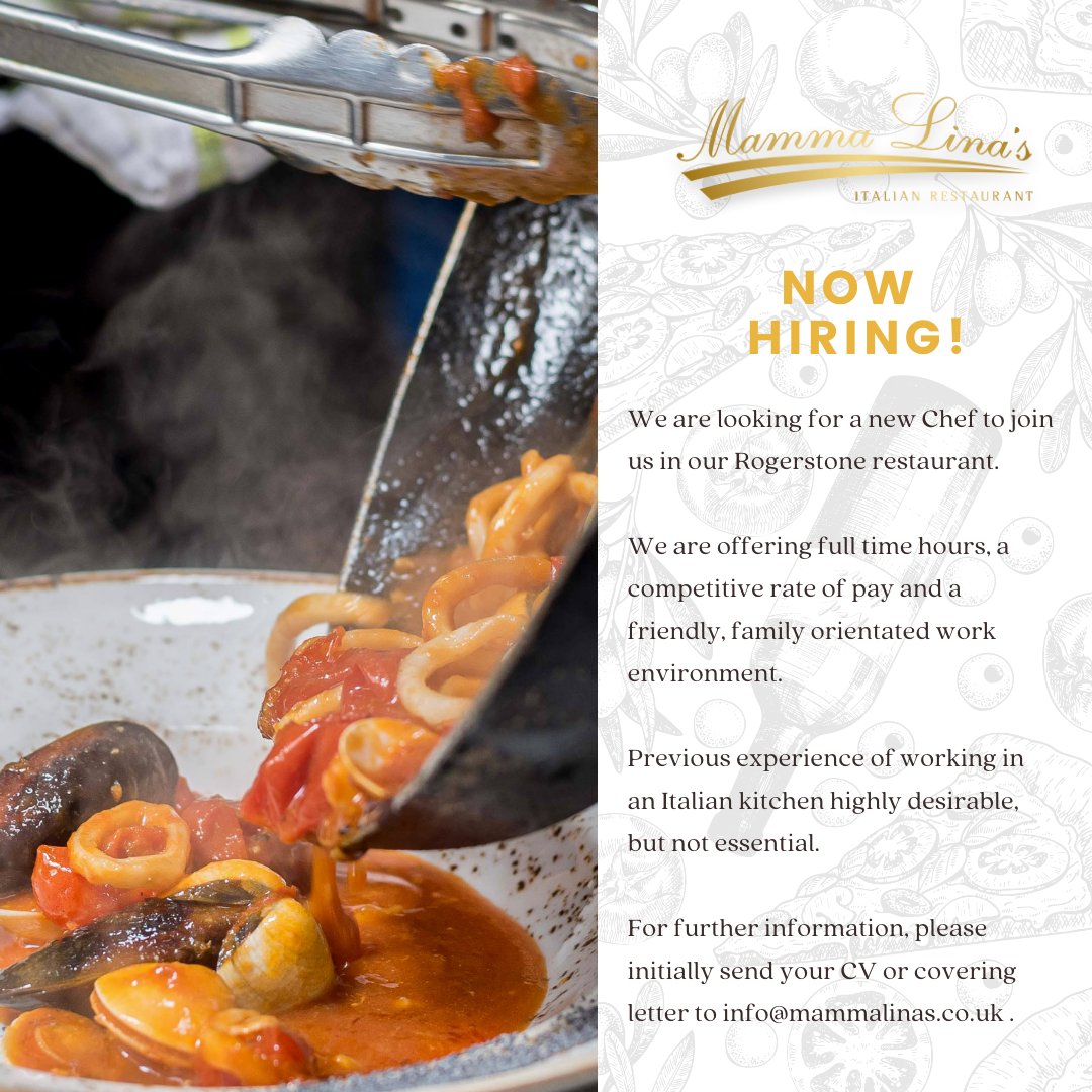 MammaLinas's tweet image. We are expanding our team in the kitchen of our Rogerstone restaurant and would love to hear from chefs with experience of Italian cuisine.  Please phone 01633 894555 to apply.

#italianrestaurant #chefposition #newportrestaurant #PortHour