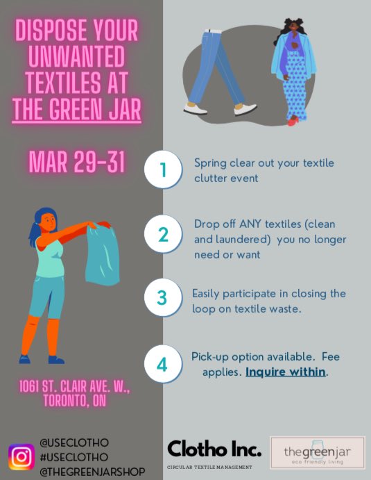37 LBS- the average amount of clothing thrown out individually each year by a #Toronto household. To reduce textile waste, we have teamed up w/ Clotho + will be diverting clothing from landfill. Come by to drop off your clothes March 29 - 31 + give them a new life!
#UseClotho