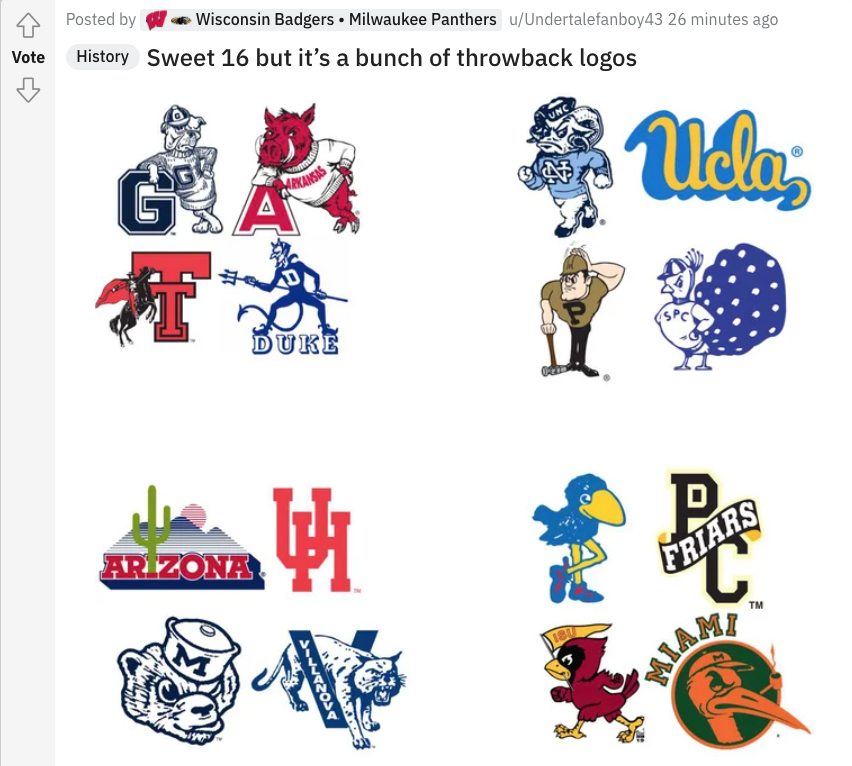 CSOonX's tweet photo. Which Sweet 16 school has the best throwback logo? (h/t @redditCBB) https://t.co/xJED8Hx1Lf