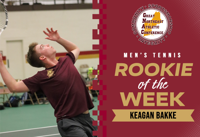 NorwichCadets's tweet photo. MTEN | Freshman Keagan Bakke was named #TheGNAC Rookie of the Week on Monday!

NOTES
* Posted 2-0 record in collegiate debut to help lead Norwich to 7-2 win over Castleton. 
* Won 1st singles 6-0, 6-0 and 1st doubles, 8-6.

🔗https://t.co/NabhcPGkKd

#d3tennis #RollWick https://t.co/bi7UCgnQdE