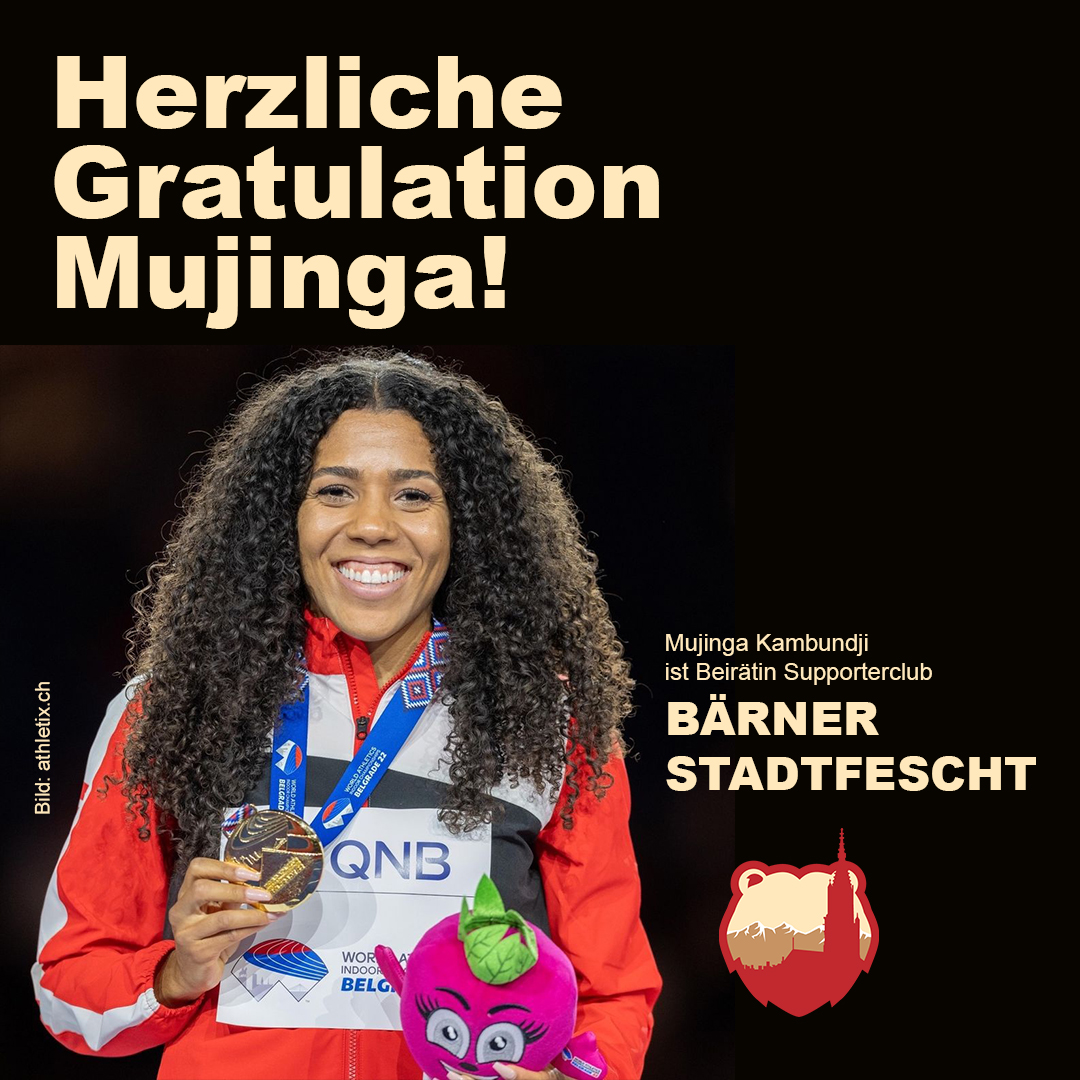 Herzliche Gratulation! Der ganze Vorstand des Supporterclub BÄRNER STADTFESTCHT gratuliert seiner Beirätin <a href="/MKambundji/">Mujinga Kambundji</a> zum WM-Titel über 60 Meter! Wir ziehen den Hut! bernerstadtfest.ch/supporter #bernerstadtfest #bernerstadtfest2022 #bernerstadtfest22 (Bild: athletix.ch)