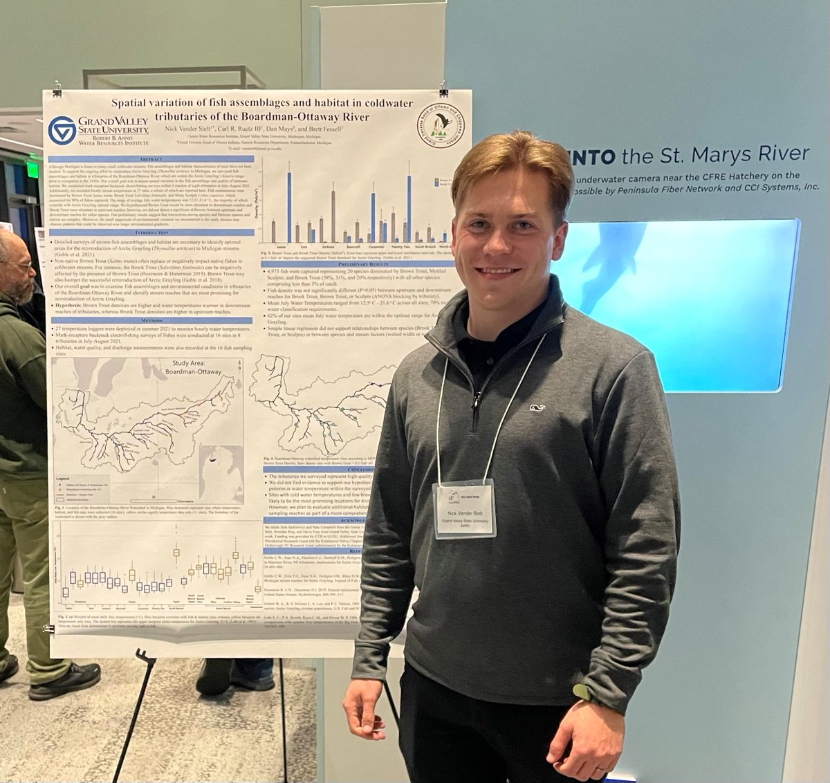 GVSU_AWRI's tweet photo. #RuetzLab students Nick Vander Stelt and Brendan May both presented posters of their respective graduate thesis and undergraduate honors project research at the annual meeting of the Michigan Chapter of the @AmFisheriesSoc last week in Sault Ste. Marie, MI. Great job! https://t.co/gMXacmFKs6