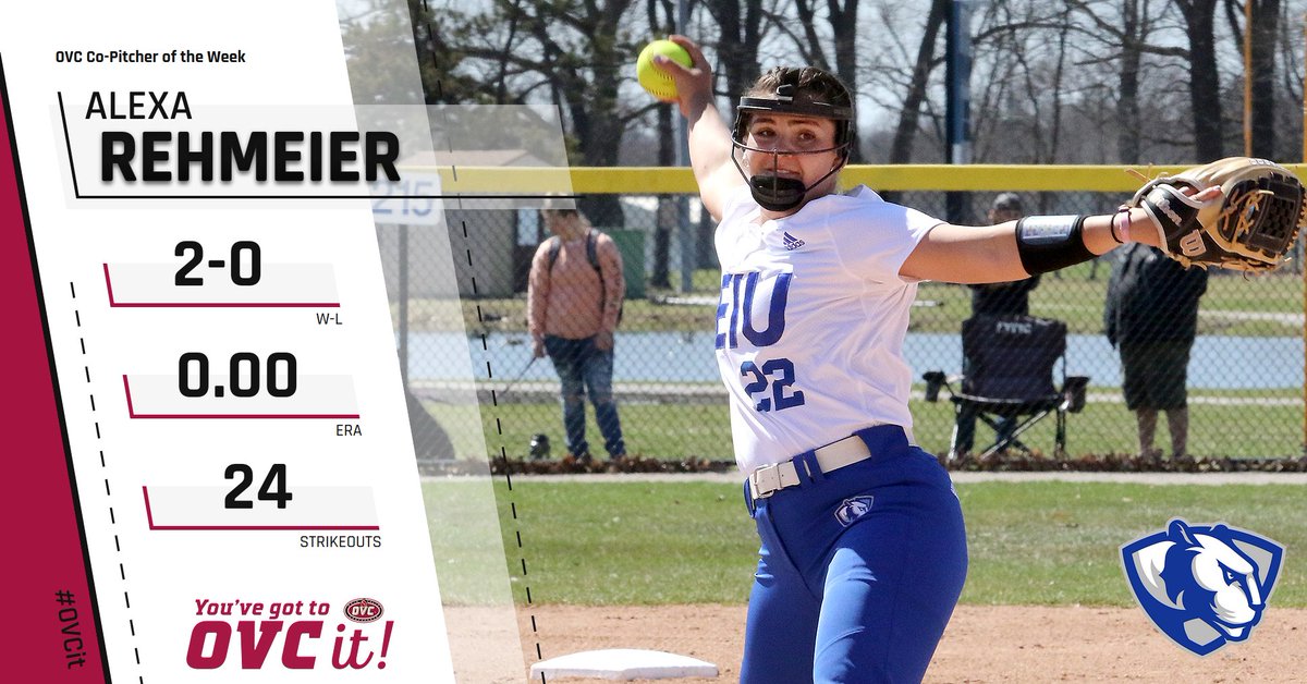 OVCSports's tweet photo. OVC Softball Co-Pitcher of the Week - @EIU_Softball Alexa Rehmeier (@RehmeierAlexa)

 - Went 2-0 with a 0.00 ERA and 24 strikeouts in 16.0 innings of work. 

#OVCit https://t.co/R3L43Egc4O