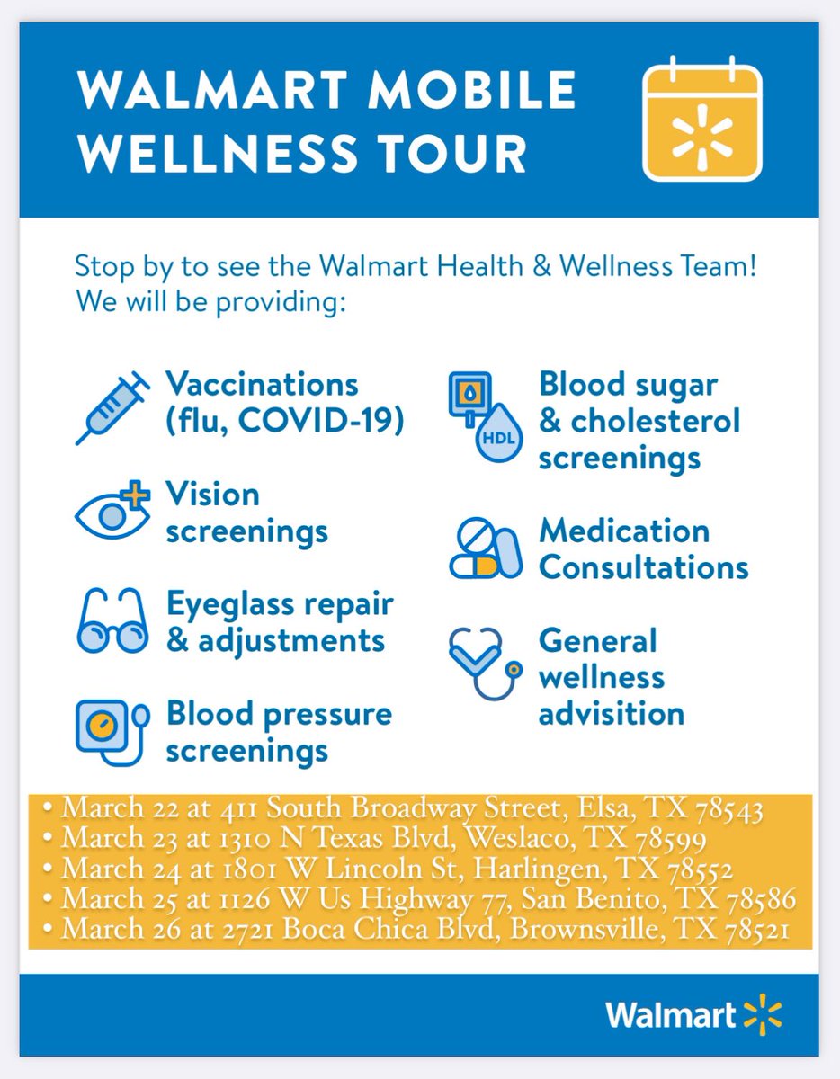 RGV Twitter! Go get your FREE health screenings while the <a href="/walmart/">Walmart</a> Mobile Wellness Tour is in the area 💙💛 #WalmartWellness #MejorContigo #RGV