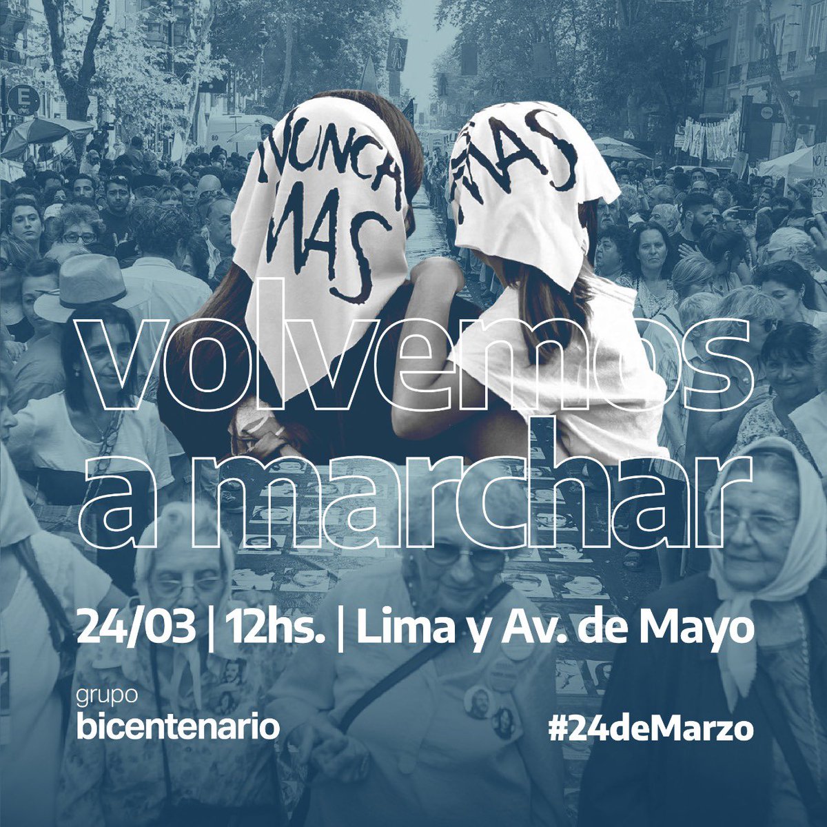 gbicentenarioar's tweet photo. Este 24 de marzo volvemos a la plaza levantando las banderas de la memoria, la verdad y la justicia🤍

Por los 30mil compañerxs detenidxs desaparecidos, junto a las madres y las abuelas nos reencontramos en la plaza para seguir gritando ¡Nunca más! ✊

¡Marchá con nosotrxs! ✌️ https://t.co/ErvYXjYx1s