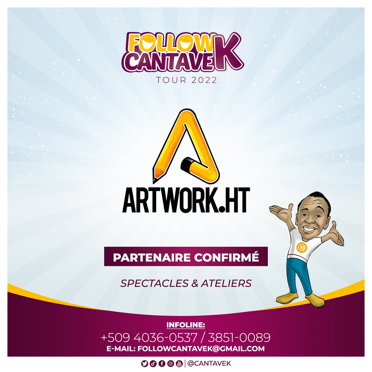 Mèsi <a href="/Bousiko/">Jerry Boursiquot</a> ARTWORK, youn nan patnè nou yo nann FOLLOW CANTAVE.K, 2022 TOUR #jiskatè 

Gen plas toujou wi : cantavek5@gmail.com